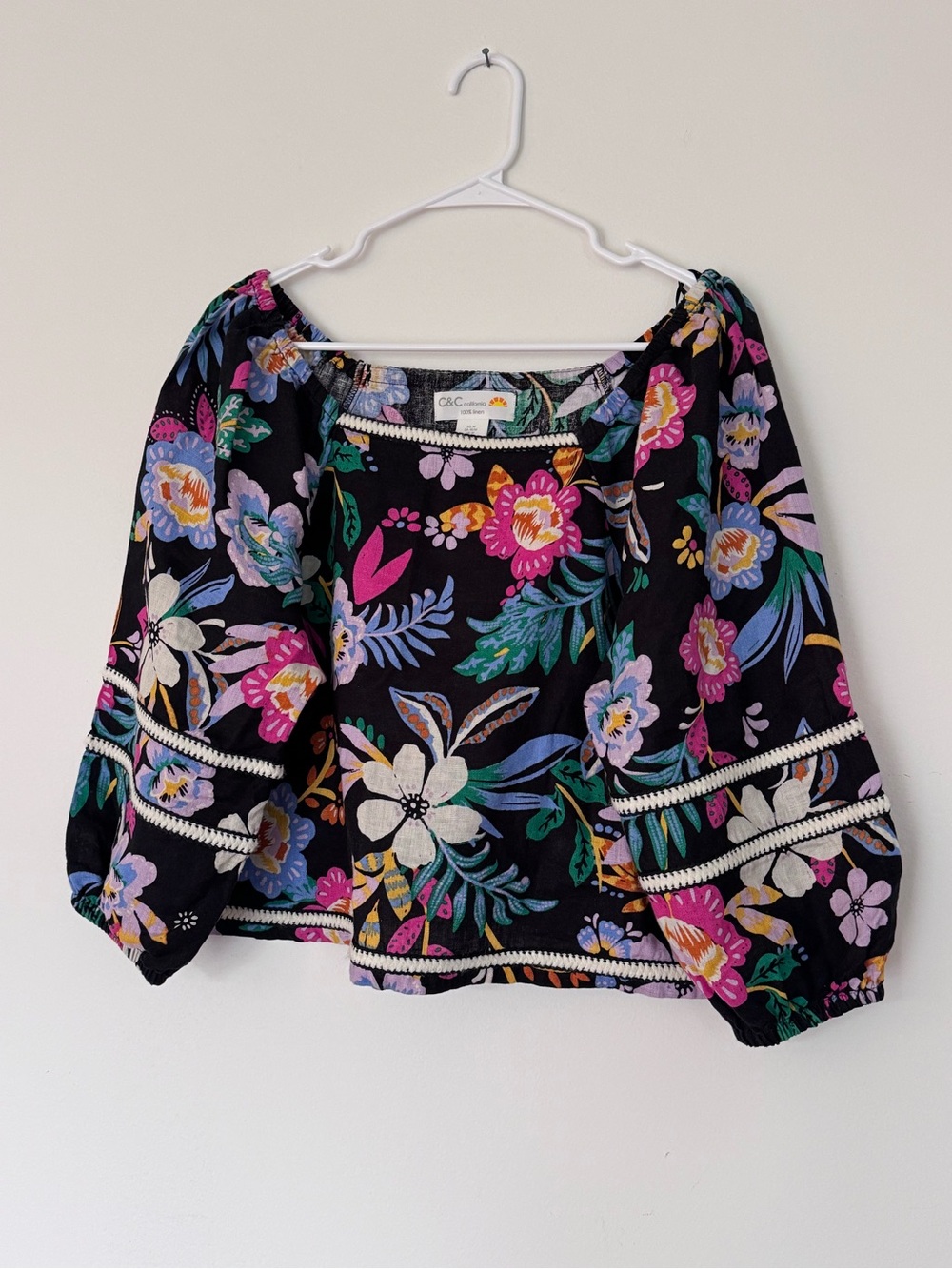 C&C California 100% Linen Black Floral Off-Shoulder Peasant Top Medium